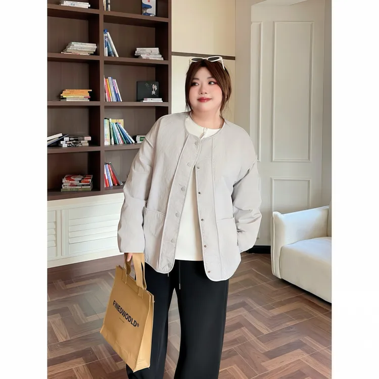 花契“慕斯奶芙”大码女装冬季简约200斤胖mm轻薄圆领棉服15696-C