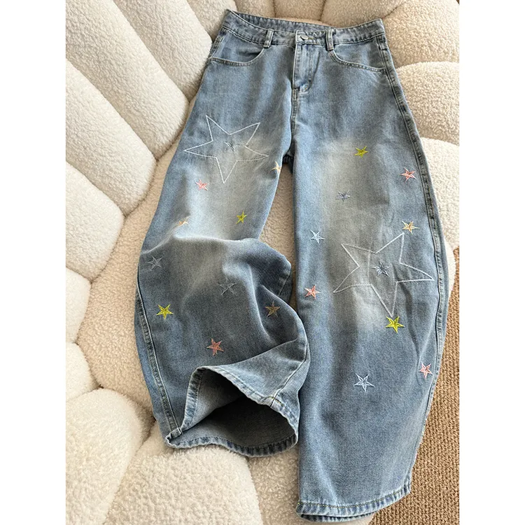 高个子加长美式复古星星刺绣弯刀牛仔裤女宽松百搭显瘦阔腿拖地裤