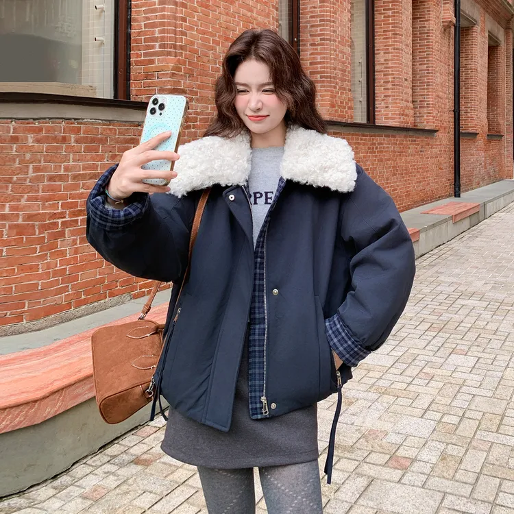 复古格纹拼接派克棉服女2025冬季加绒加厚超好看洋气独特棉衣棉服