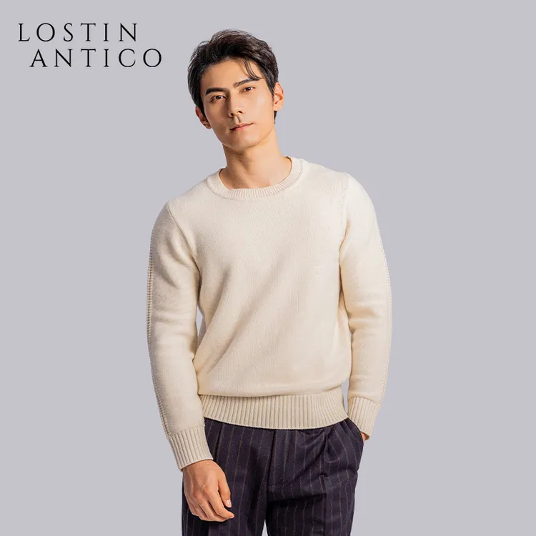 意式秋冬简约时尚设计感百搭米白色男士长袖羊绒毛衣针织衫衫