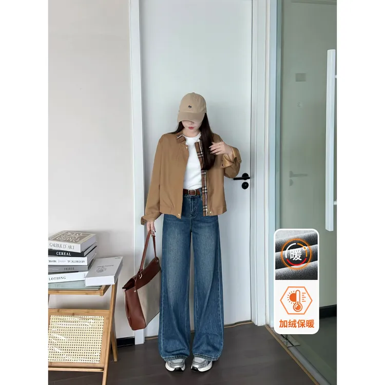 missrococo/洛可可小姐冬季新款加绒百搭中高腰窄版阔腿牛仔裤女