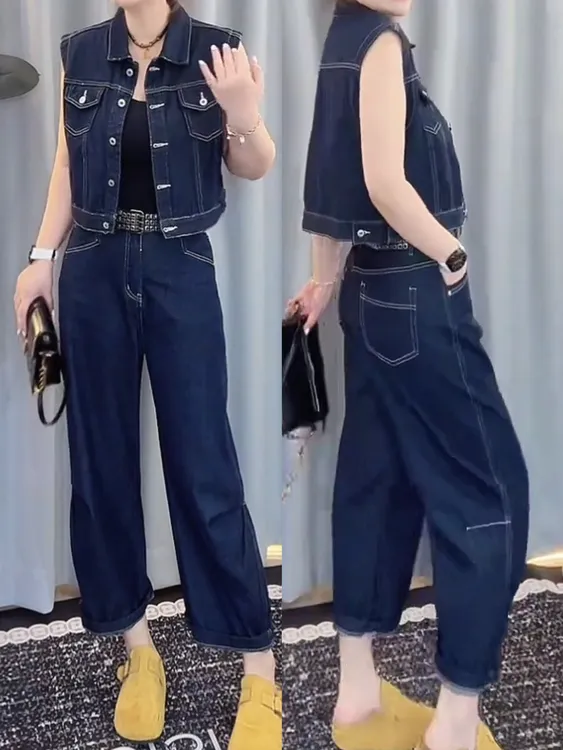 【美丽定制】夏季减龄牛仔套装女无袖马甲外套阔腿牛仔裤显瘦两件套