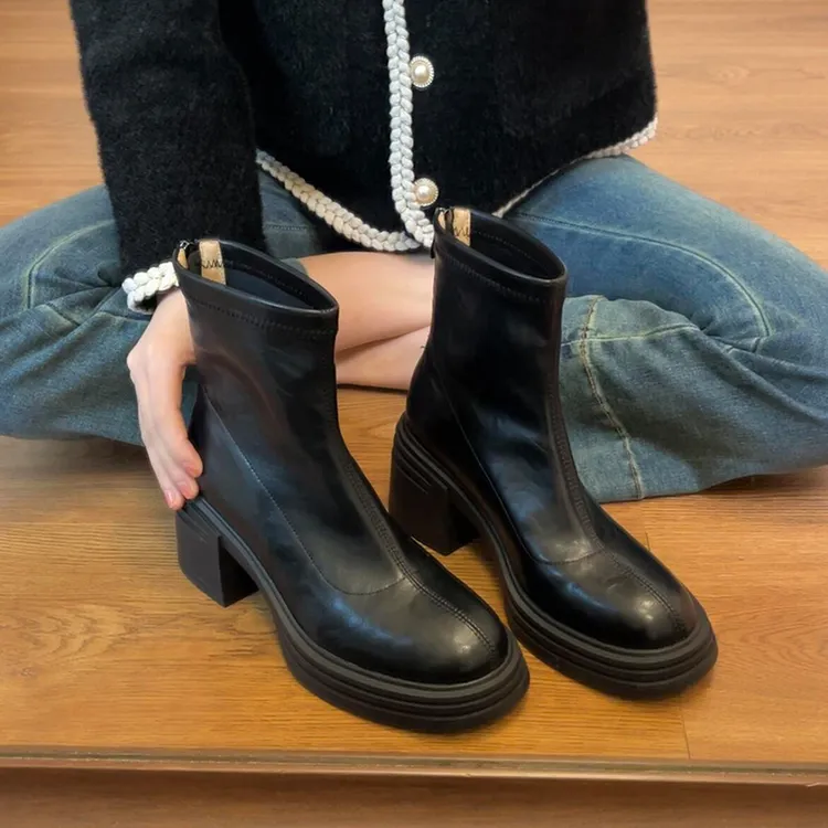 牛皮版~高跟靴子2025新款复古小个子切尔西靴弹力厚底粗跟瘦瘦靴