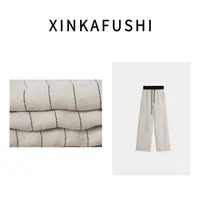 【拼腰裤】莱赛尔亚麻混纺拼接撞色松紧腰头显瘦百搭直筒裤YN2619