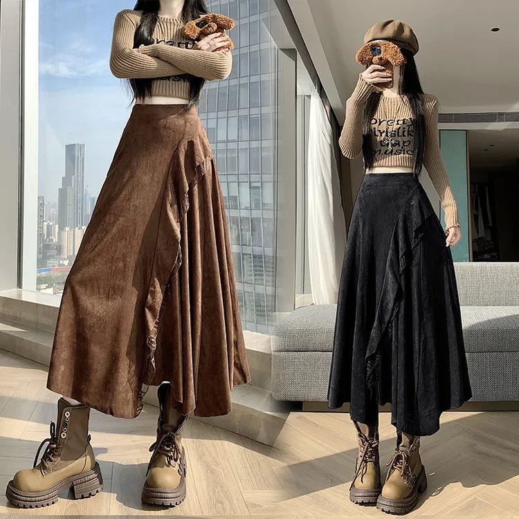 蕾丝拼接不规则麂皮绒半身裙女秋冬季美拉德遮胯显瘦a字大摆长裙