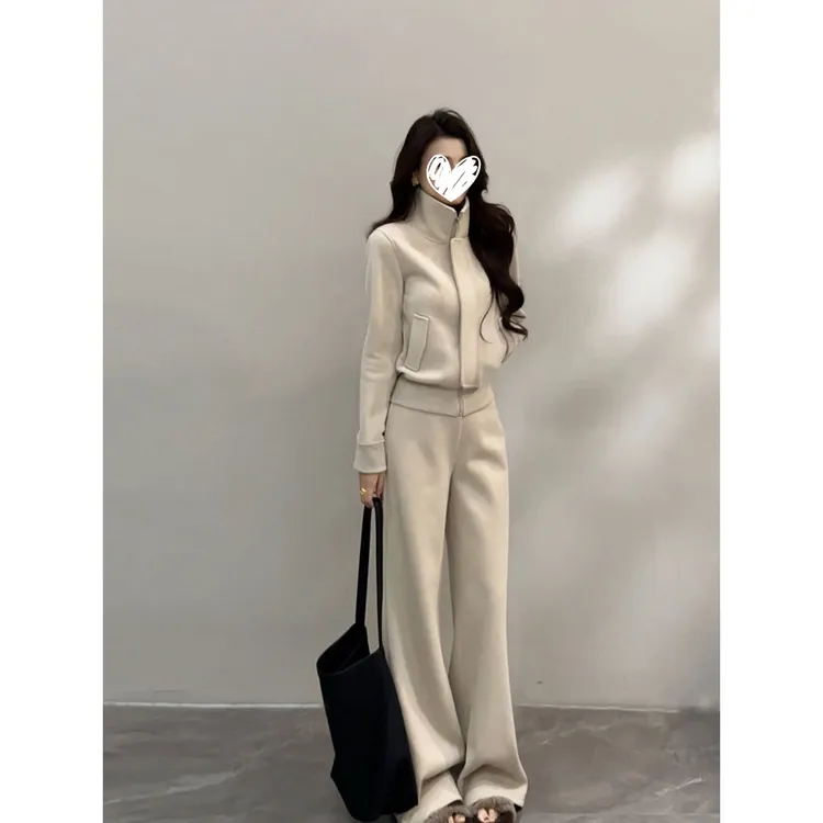 韩系时尚拉链长袖立领短款卫衣外套女秋冬新款气质休闲阔腿裤套装