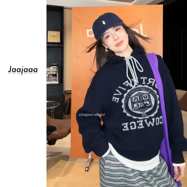 Jaajaaa落日公路  小众百搭简约通勤设计连帽宽松全羊毛毛衣/EEIE