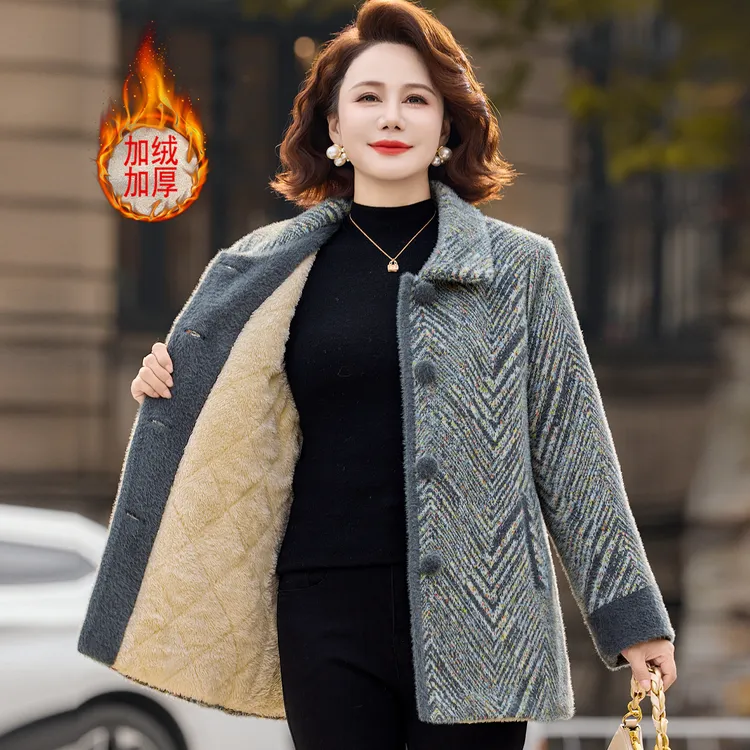 妈妈冬装加绒加厚翻领毛呢外套中老年女装仿水貂绒洋气保暖棉大衣