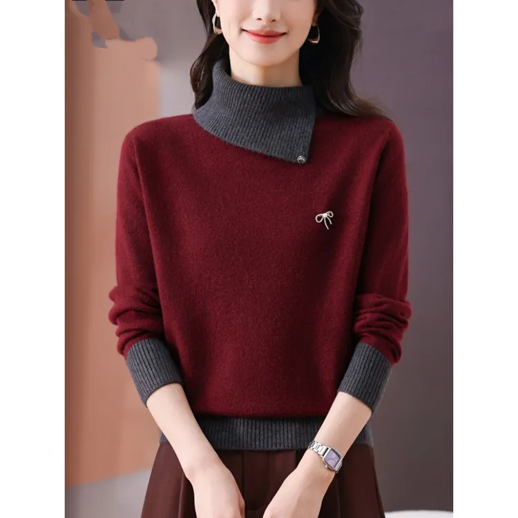 半高翻领拼色毛衣女2025秋冬加厚设计感洋气内搭针织打底羊毛衫