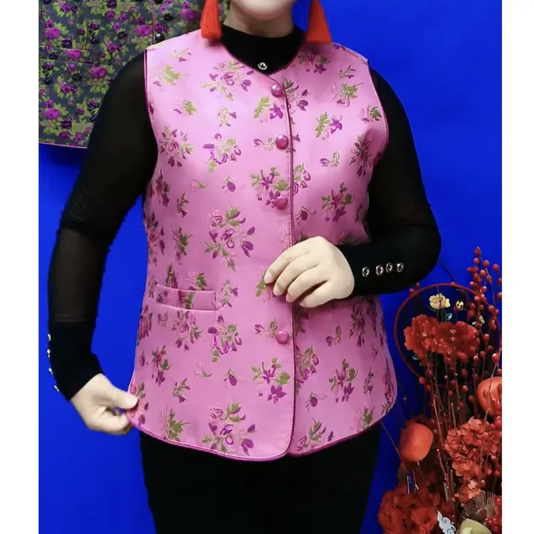 中老年妈妈春秋洋气新中式碎花有里衬包边外搭马甲时尚气质