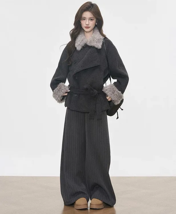 2025秋冬复古翻领毛领毛呢大衣外套女士小个子高级时尚穿搭套装女