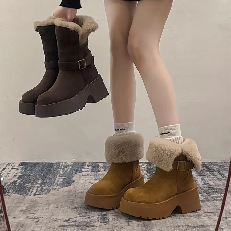 增高厚底雪地靴女款2024新款冬季加绒加厚保暖短筒毛毛马丁靴短靴