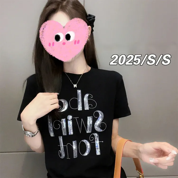 韩版重工字母刺绣亮片拼接短袖T恤女圆领修身显瘦百搭半袖上衣ins