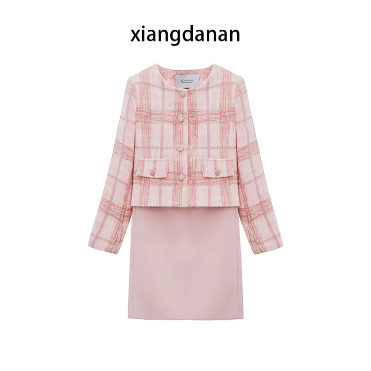 【现货】xiangdanan 厚款格子秋冬常规圆领套装女装千鸟格/3204