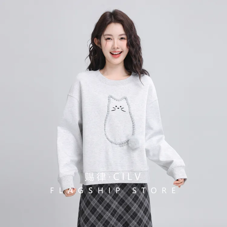 卫衣女新款2025爆款时尚洋气卡通猫咪宽松圆领短款小个子灰色上衣