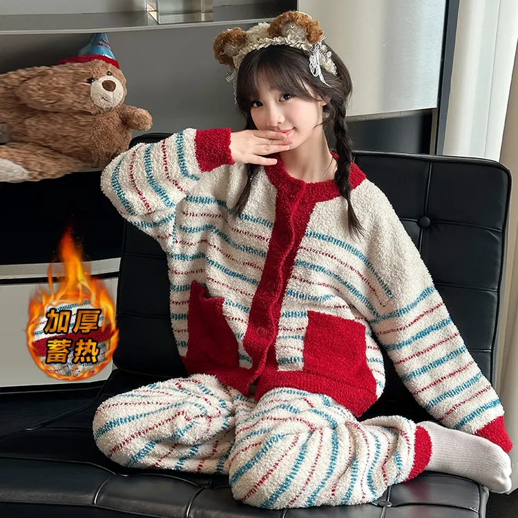 女童半边绒睡衣秋冬款季法兰绒加厚加绒珊瑚绒条纹家居服套装外穿