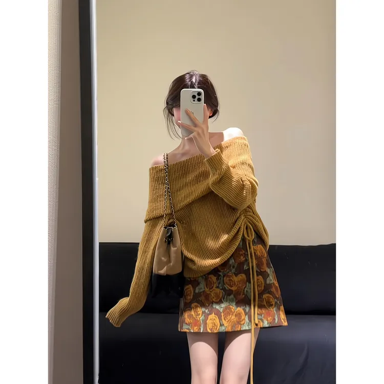 美拉德一字肩长袖针织衫碎花半身裙短裙女2025秋季新款时尚两件套