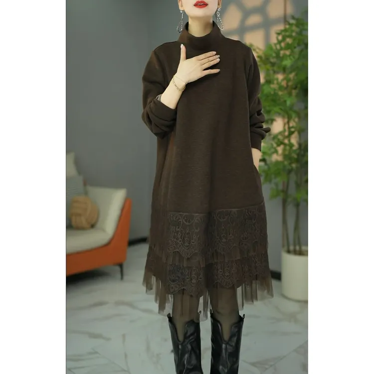 韩系时尚宽松遮肉显瘦半高领2025秋冬纯色百搭拼接款蛋糕连衣裙女