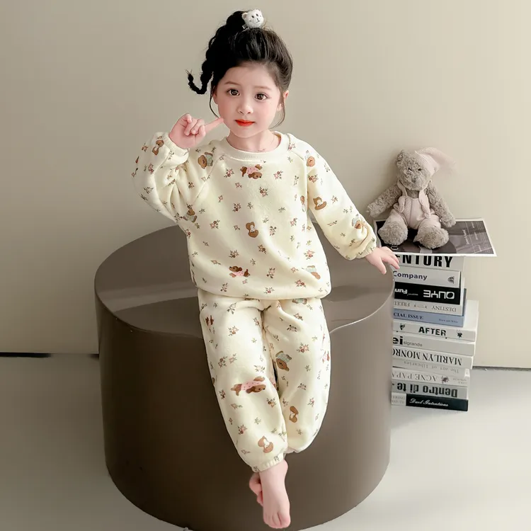 2025秋冬款儿童奥粒绒睡衣套装加绒加厚女童宝宝保暖家居服法兰绒