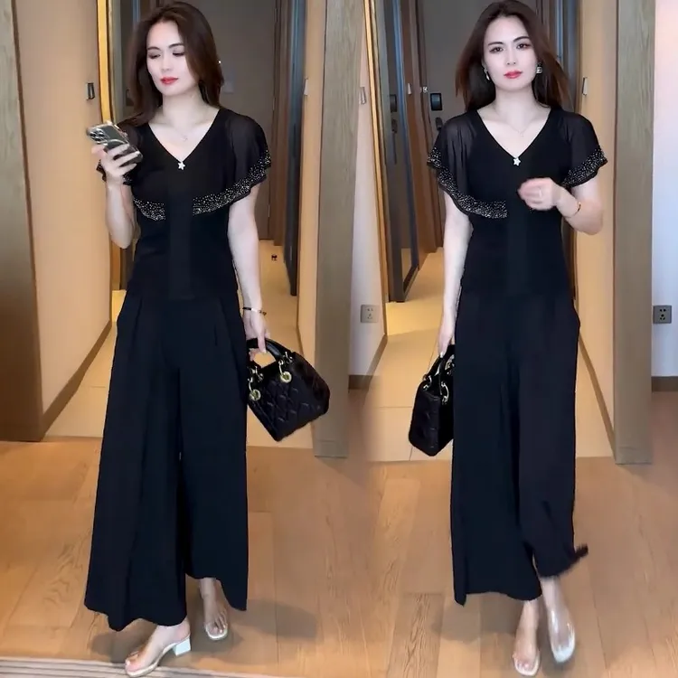 时尚套装女2025夏季新款洋气显瘦网纱V领衬衫阔腿裤休闲两件套潮