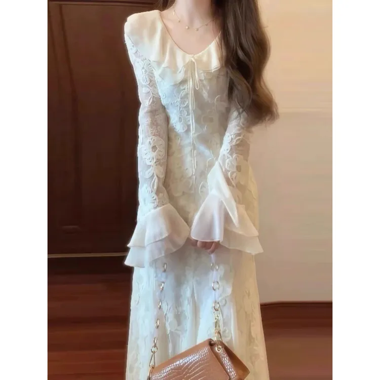 韩系气质蕾丝荷叶边长袖连衣裙女春秋季高级感温柔风法式鱼尾裙子