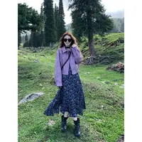 INS CEC秋季新款美式夹克皮衣外套上衣高级感气质碎花连衣裙套装