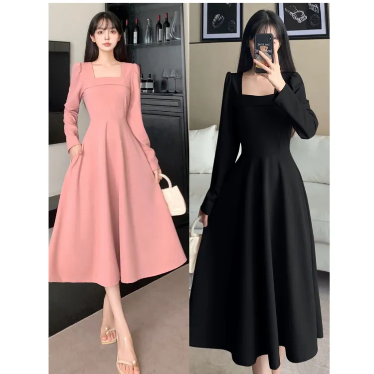 有口袋大码法式高级感连衣裙胖mm收腰显瘦气质赫本风中长裙9297