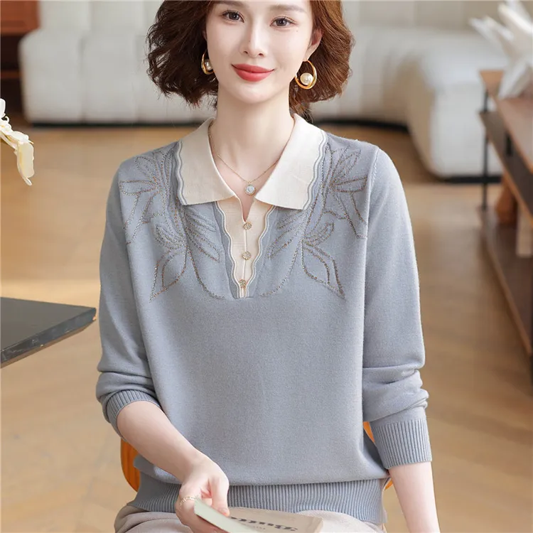 2025新款洋气妈妈秋装翻领针织上衣时尚套装中老年高档毛衣打底衫