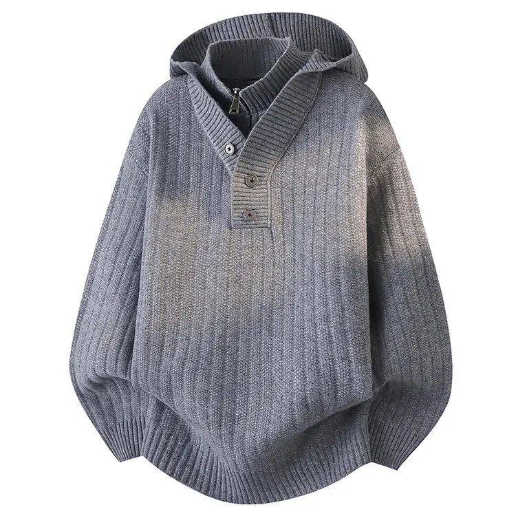 假两件半拉链立领连帽针织衫毛衣外套男秋冬潮牌宽松大码保暖线衣