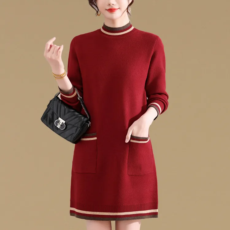秋冬新款气质半高领加厚毛衣裙女士中长款宽松大码内搭针织连衣裙