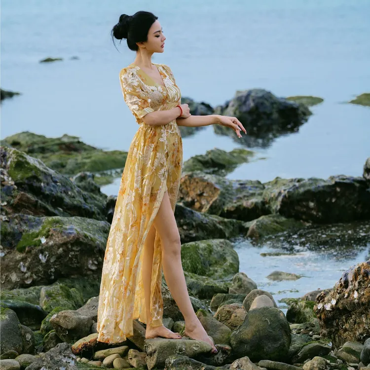 魏元高定/法式碎花连衣裙夏季收腰显瘦设计感小众气质长裙-0959