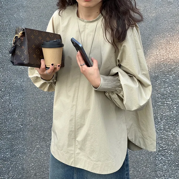 1503法式褶皱灯笼袖衬衫秋季韩系宽松显瘦插肩袖套头中长款上衣