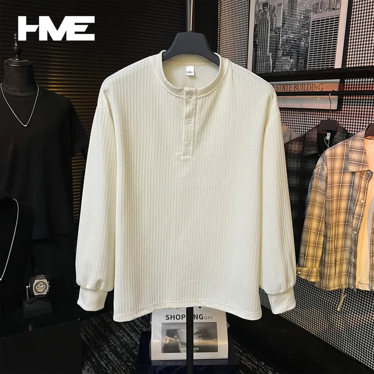 【HMEYAO】肌理感纽扣亨利领百搭长袖T恤竖条纹高级感休闲纯色上衣