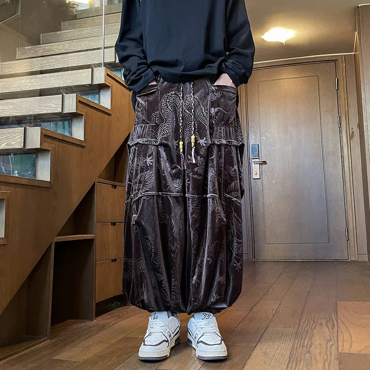 男士金丝绒松弛感阔腿裤子秋冬季中国风设计感宽松大码束脚灯笼裤