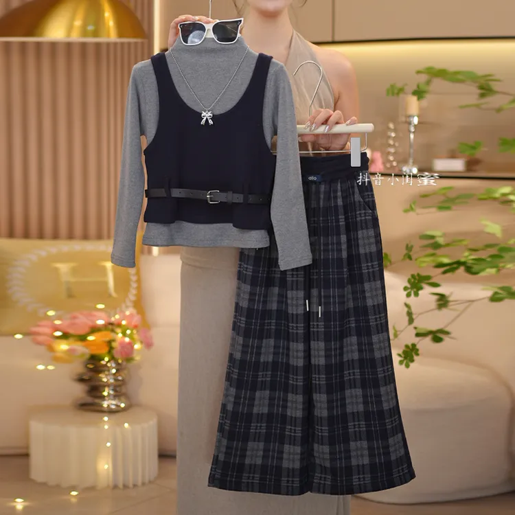 【闺蜜家】女童秋季2025新款时尚潮上衣真两件+格子阔腿裤套装-8866