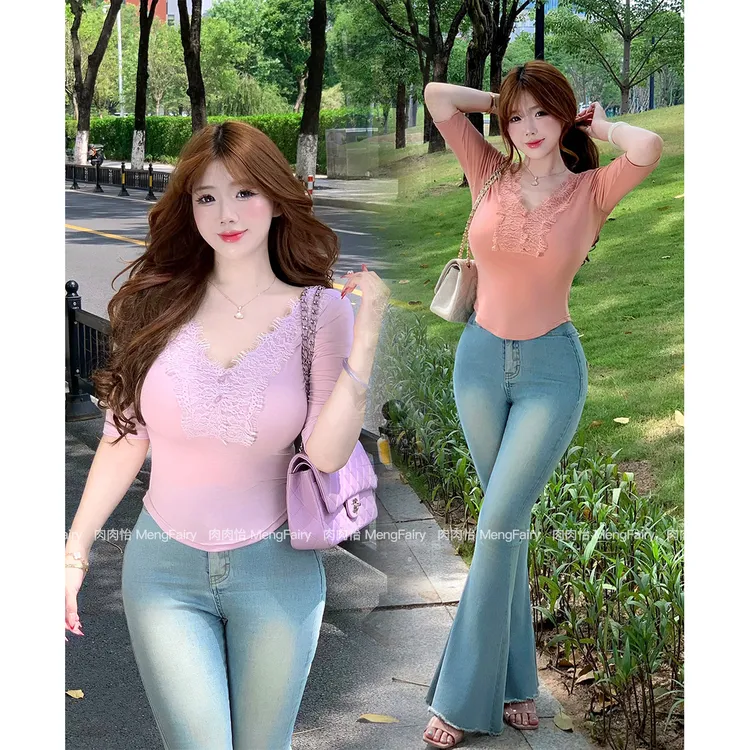 萌面侠肉肉怡 现货【初代嗲女】纯欲妻感蕾丝针织修身显瘦上衣5570B