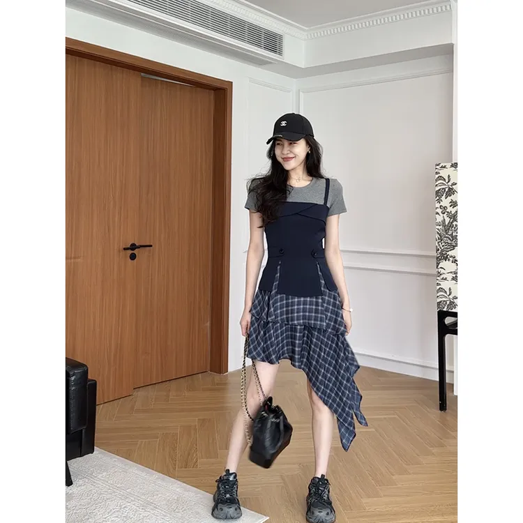 张阿星【清爽西海岸】美式潮酷格子拼接收腰假两件连衣裙W425Q07495