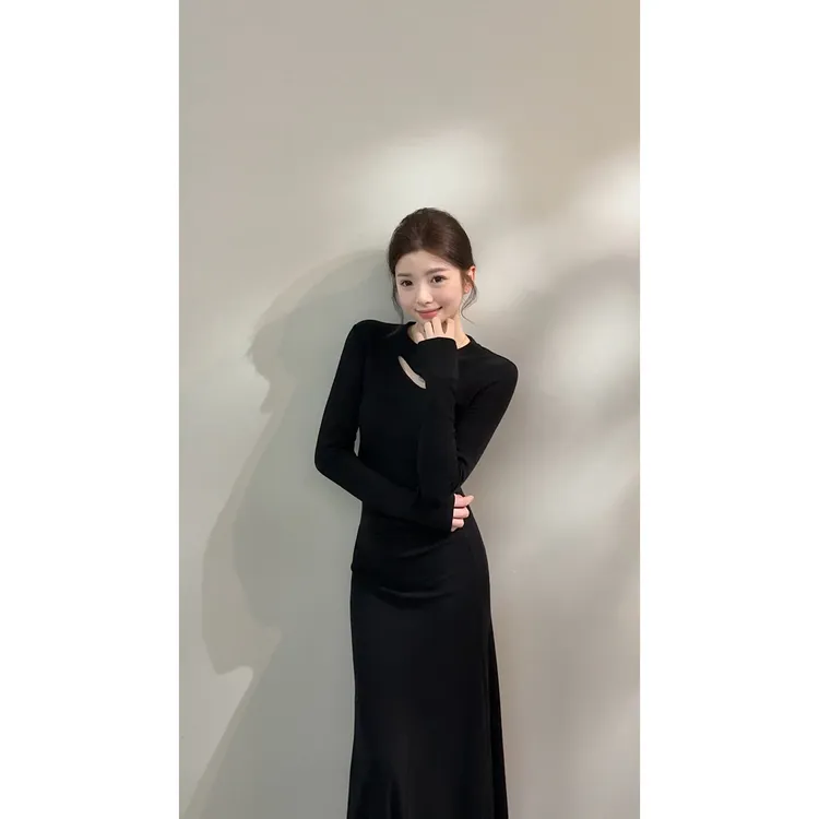 【颂宋】长袖显瘦修身加绒加厚连衣裙气质长款裙子秋冬新款DT1671