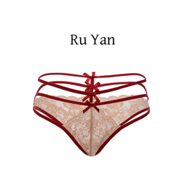 「RY」法式高级定制绑带酒红色春夏性感蕾丝镂空私房诱惑女内裤