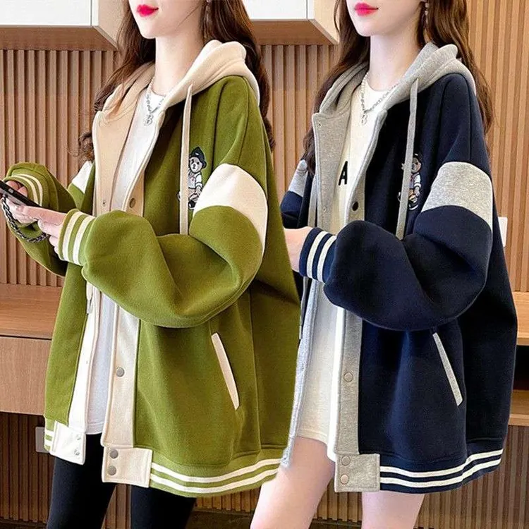 中长款连帽卫衣女学生春秋薄款宽松大码休闲百搭棒球服外套女秋冬