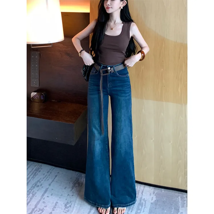 简约百搭不贴腿微喇牛仔裤女2025早秋新款高腰宽松弹力显瘦拖地裤