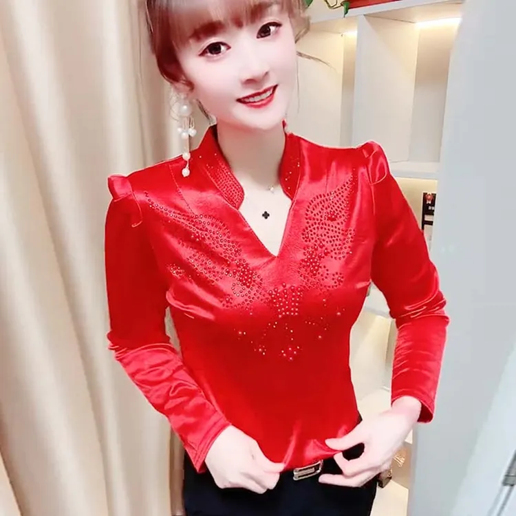 春夏季新款时尚重工钉珠长袖打底衫气质洋气百搭小衫女修身显瘦潮