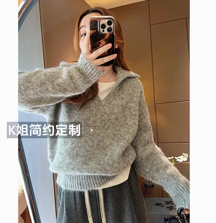 “KK定制”秋冬新款翻领套头毛衣宽松百搭长袖针织衫D2165