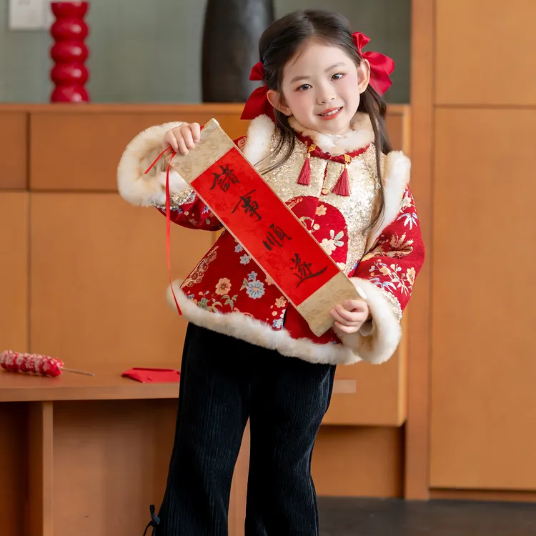【繁花序】汉服女童冬装25年新中式红色套装女孩唐装拜年服新年装