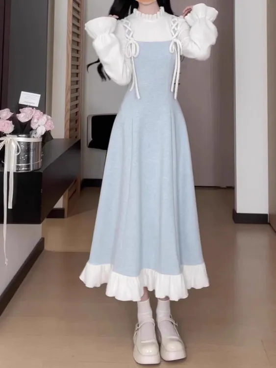 松本丧丧温柔风假两件连衣裙女早春季小个子气质收腰显瘦长裙子