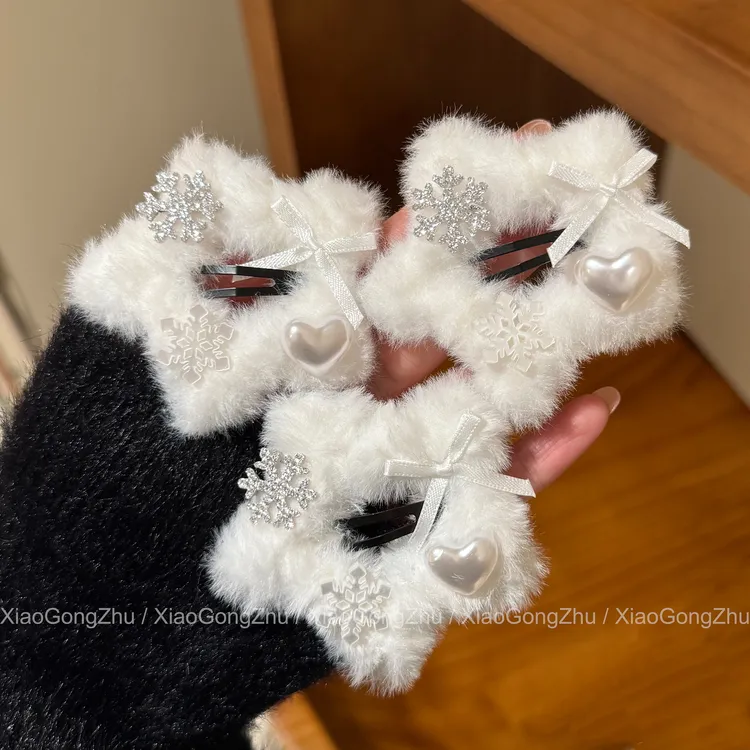 雪花闪闪~白雪花五角星星毛绒绒BB夹可爱甜美侧边边夹刘海夹女