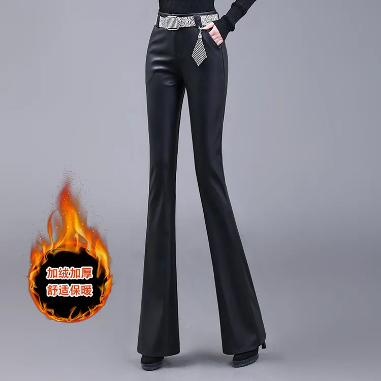 秋冬外穿加绒修身皮裤女2025秋冬新款大码喇叭裤哑光pu皮微喇裤子
