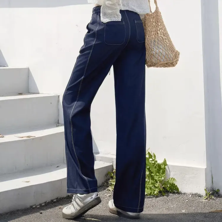 丹宁蓝~松紧腰牛仔裤女设计感百搭高腰显瘦制衣宽松阔腿裤N375