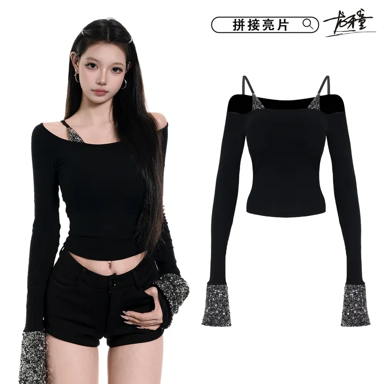 龙牙童推荐【拼接亮片】法式气质拼接T恤黑色长袖女亮片背心拼接