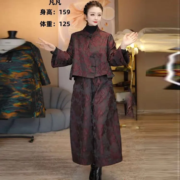 春秋新中式国风提花宽松长袖女外套大码显瘦花苞阔腿裤高档两件套